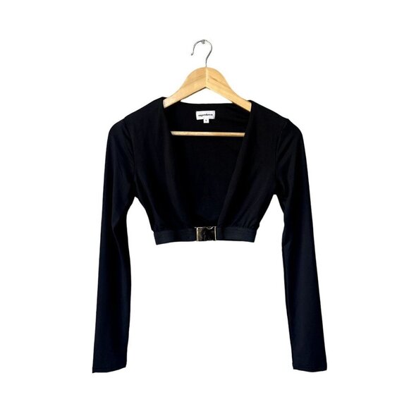 Superdown Crop Long Sleeve Black Revolve Sz S Plunging V Neck Reia Buckle Top - Picture 4 of 8